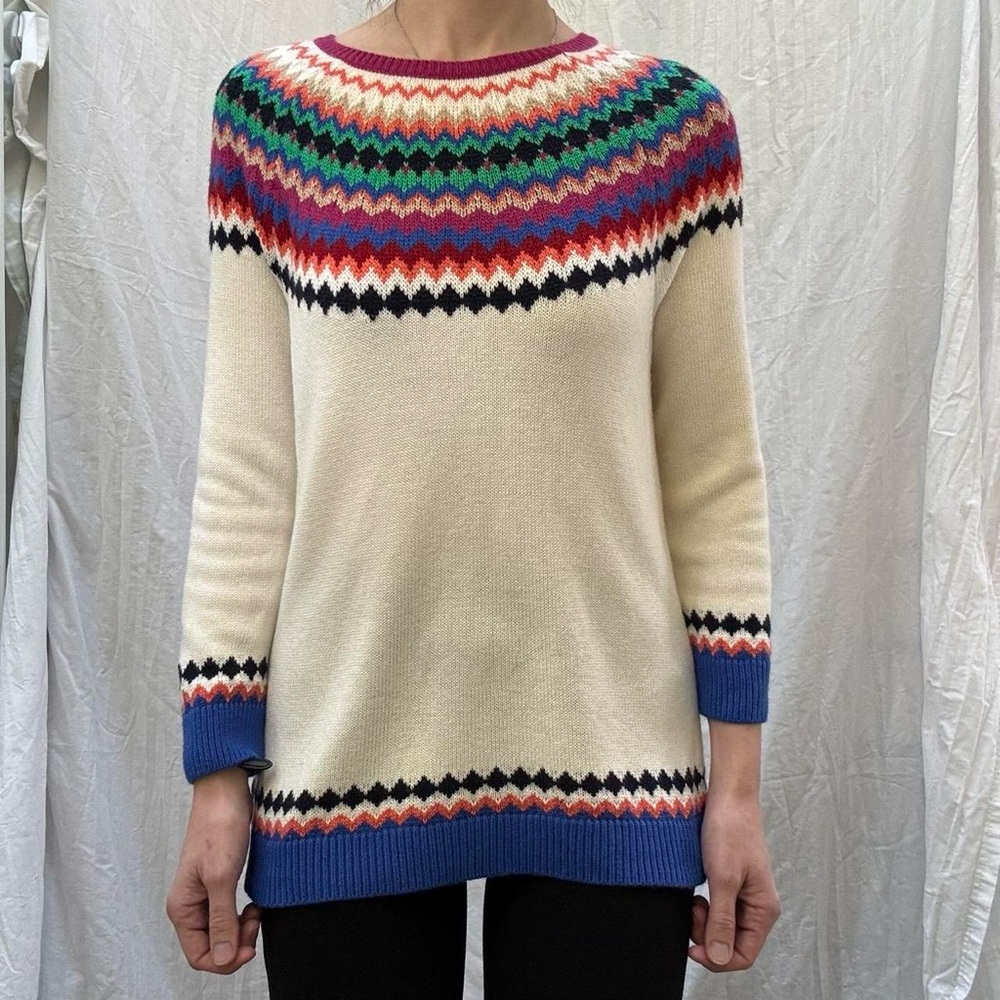 Cream and Multicolor Chevron Wool Blend Nordic Sweater Oversized‎ by Talbots